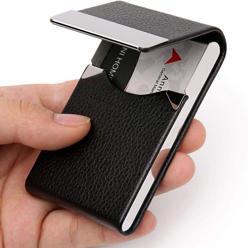 New PU Leather Business Card Case Metal Slim Pocket Card Holder with Magnetic Shut