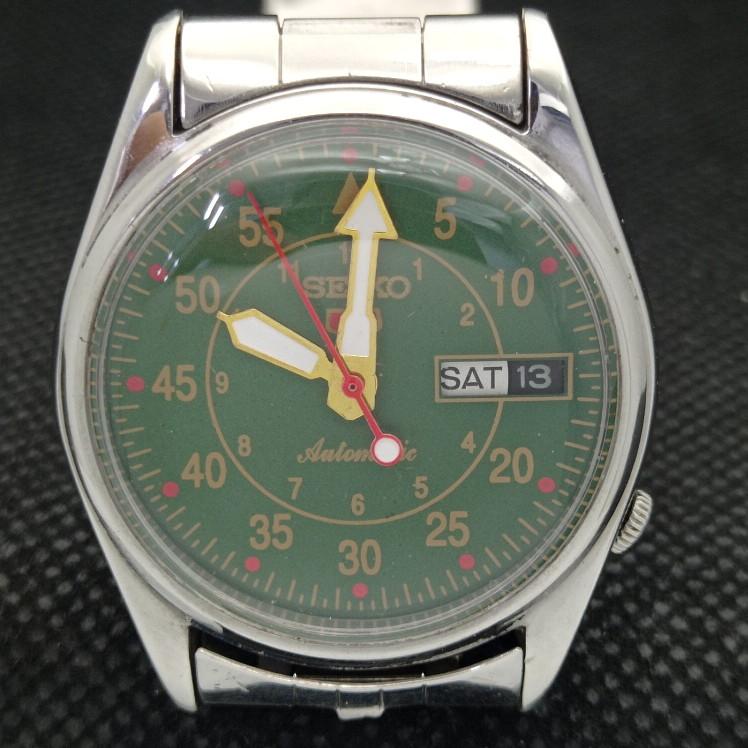 USED VINTAGE SEIKO 5 AUTOMATIC 6309A JAPAN MENS GREEN WATCH 621b-a413553-2 SKU621b-a413553