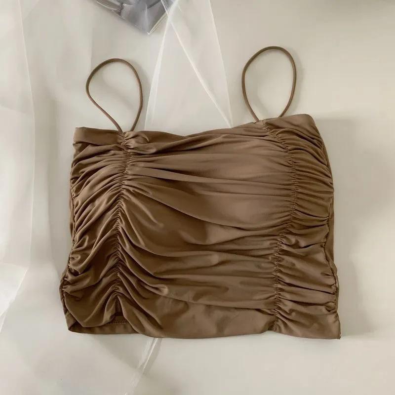 

Niche pleated ice silk suspender vest women s summer babes design sense tight top tube top bottoming shirt with chest pad Average size 80-125