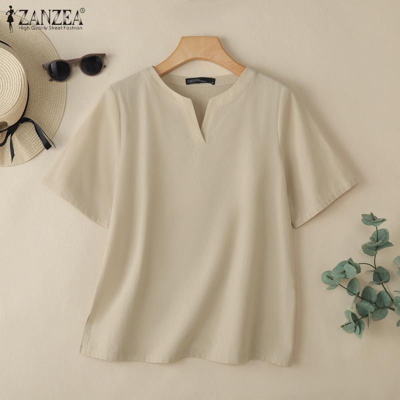 ZANZEA Women Casual V-Neck Solid Color Loose Short Sleeve Blouse