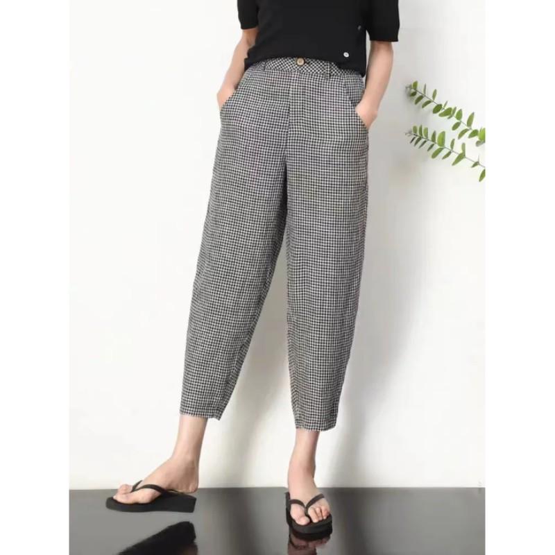 Women s Summer Checkered Cropped Pants: Korean-Style High-Waisted, Loose-Fitting, Slimming, Flowing Harem Casual Pants XS