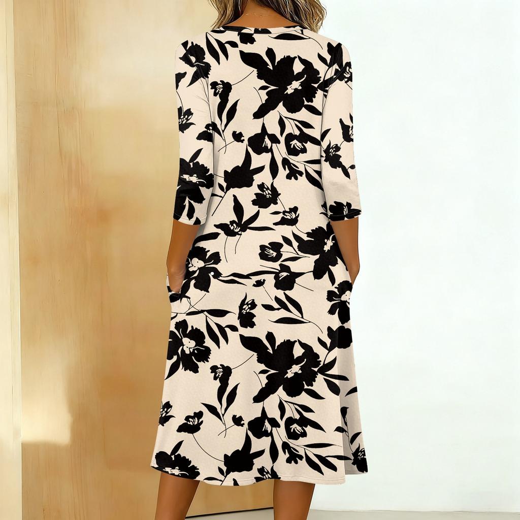 Women's Fashionable Color Printed Round Neck 3/4 Sleeve Button Collar Mid Length Casual Dress