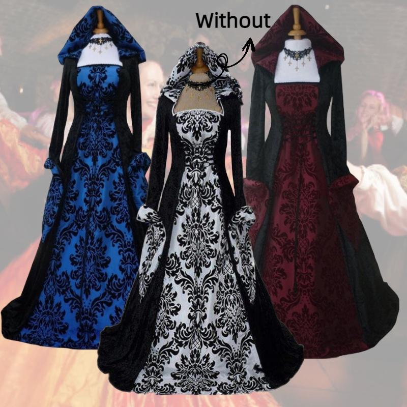 Stylish And Elegant European And American Women's Banquet Medieval Hooded Swing Dress With Floral Print Retro And Artistic Long Sleeves And Waist Tie