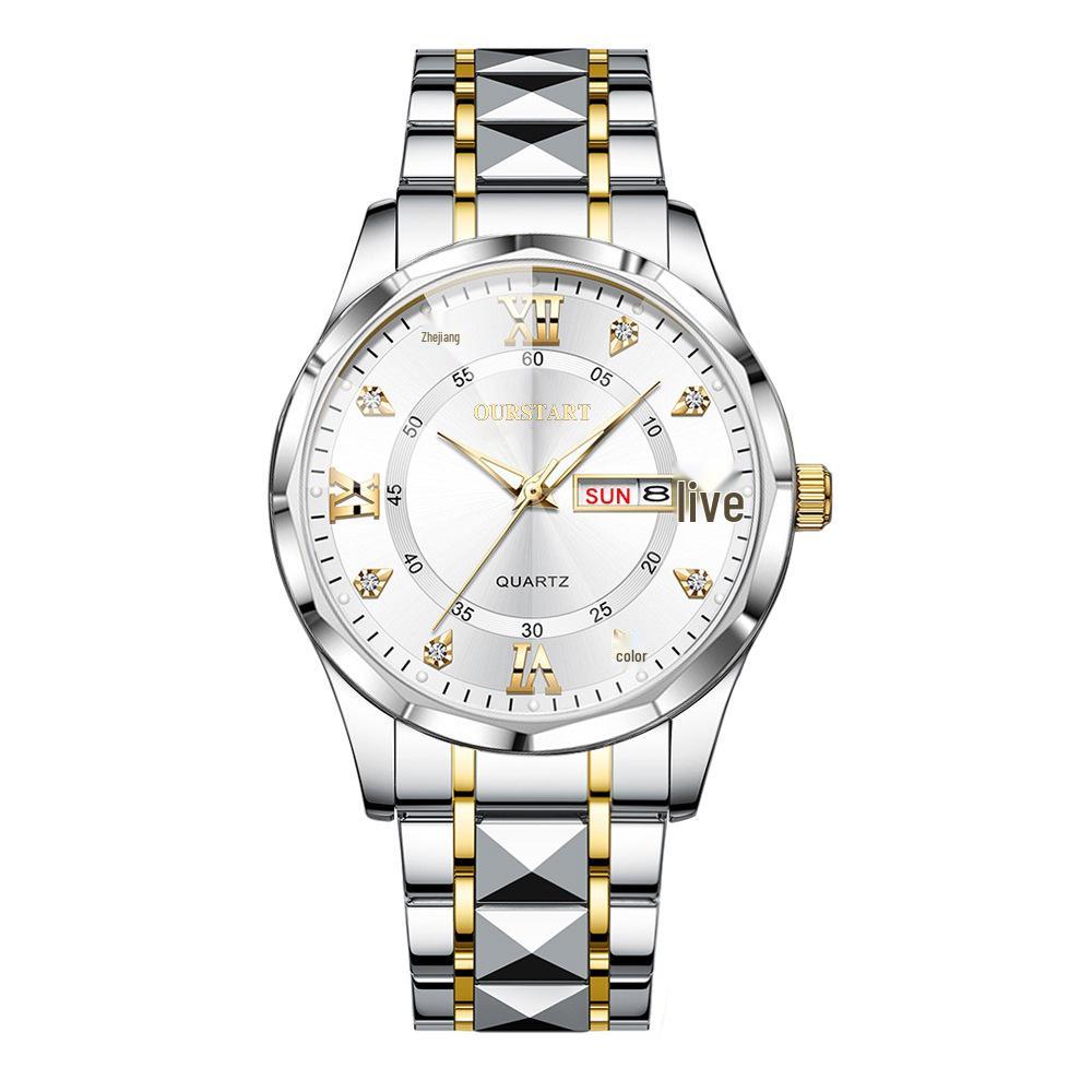 Niche Luminous Waterproof Men's Quartz Watch with Double Calendar and High-End Steel Band