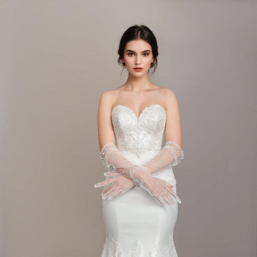 Průhledné svatební rukavičky Ručně zdobené Tylkové rukavice Vintage perlové rukavice Svatební Nevěsta