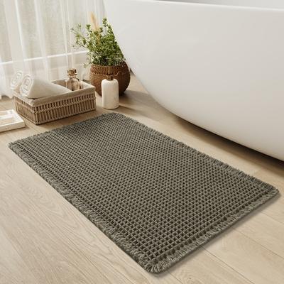 Ultra-Absorbent Waffle Bath Mat - Non-Slip, Machine Washable with Tassels, Rubber Backed Polyester Blend Rug for Bathroom Floor
