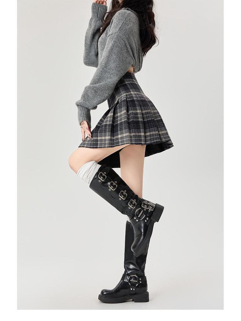 Plaid Wool Pleated Skirt for Curvy Women - High Waist A-line Short Skirt for Spring/Autumn