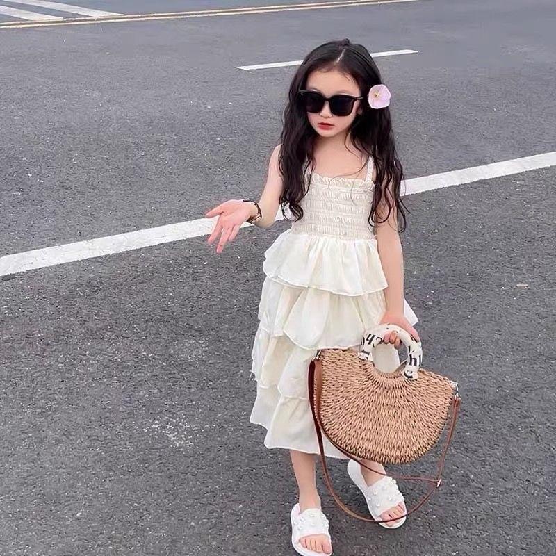 Summer Junior Girls Sling Dress Cotton Ruched Waist Sleeveless Toddler Girls Cake Dress Solid Versatile Kids Girls Dresses