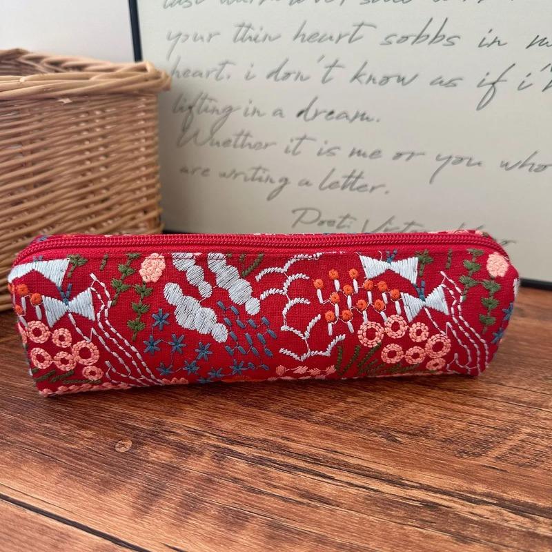 1Pcs Embroidered Exquisite Pencil Box with Retro Multi Color Pattern Details Stationery Storage Student Supplies