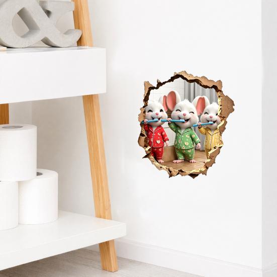 baizihuahu Brushing Teeth Mouse Wall Sticker, 3D Effect Broken Pajama Peel And Stick Cartoon Art Decoration Decal for Home Bathroom