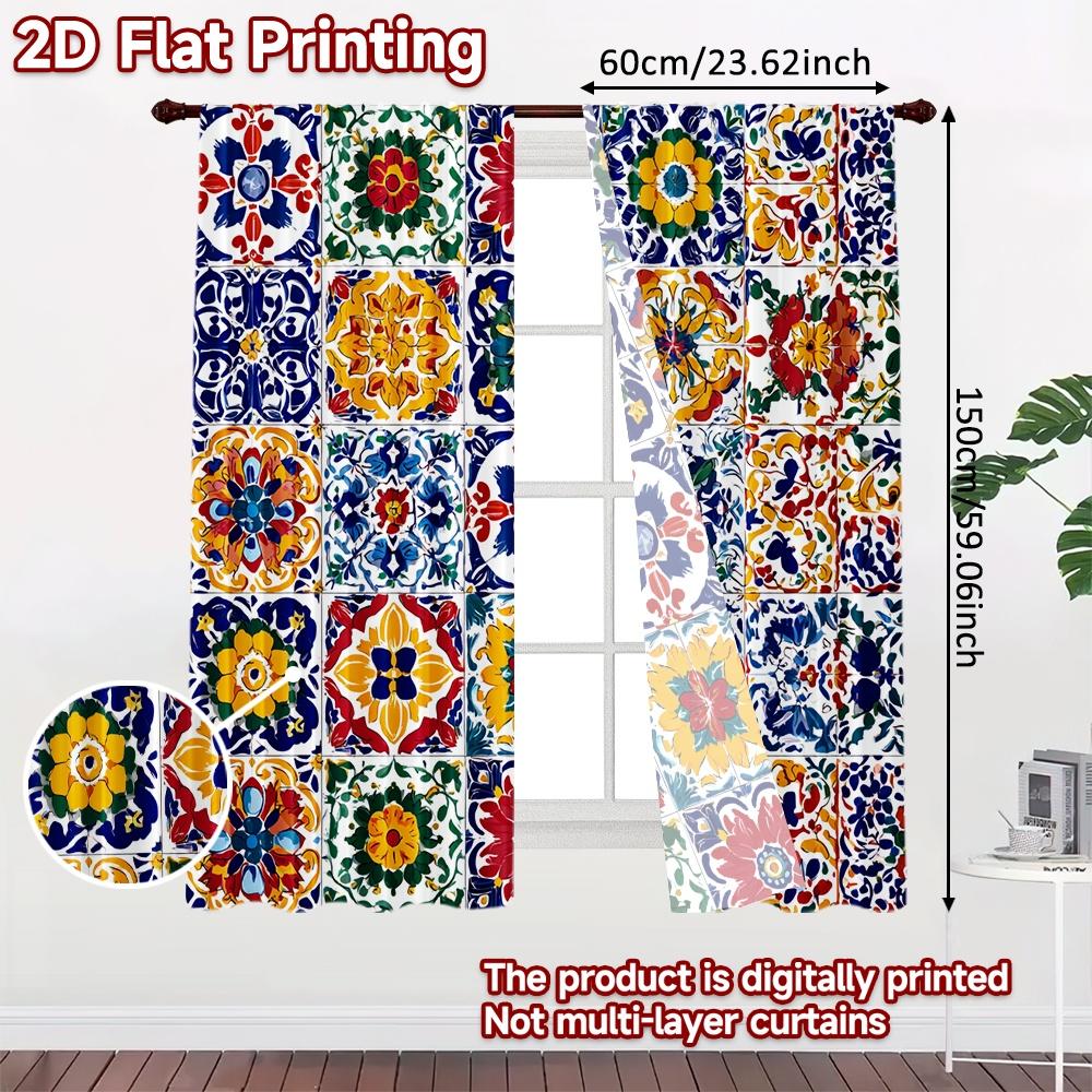 2pcs, 2D FLAT PRINTING Curtains (Without Rod) Colorful Tiles Modern Fashionable Curtainments During the Christmas Holiday