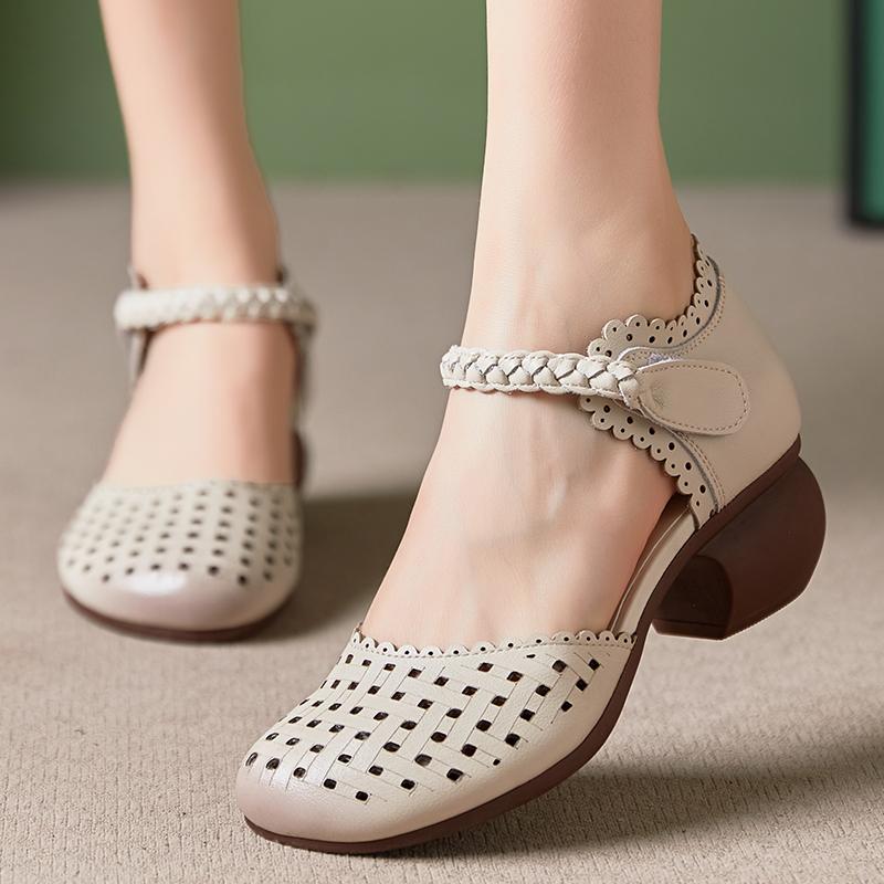 Fashion GKTINOO 2025 Summer Women Shoes New Soft Bottom Genuine Leather Women Sandals Retro Hollow Thick Heels Sandals For Mother