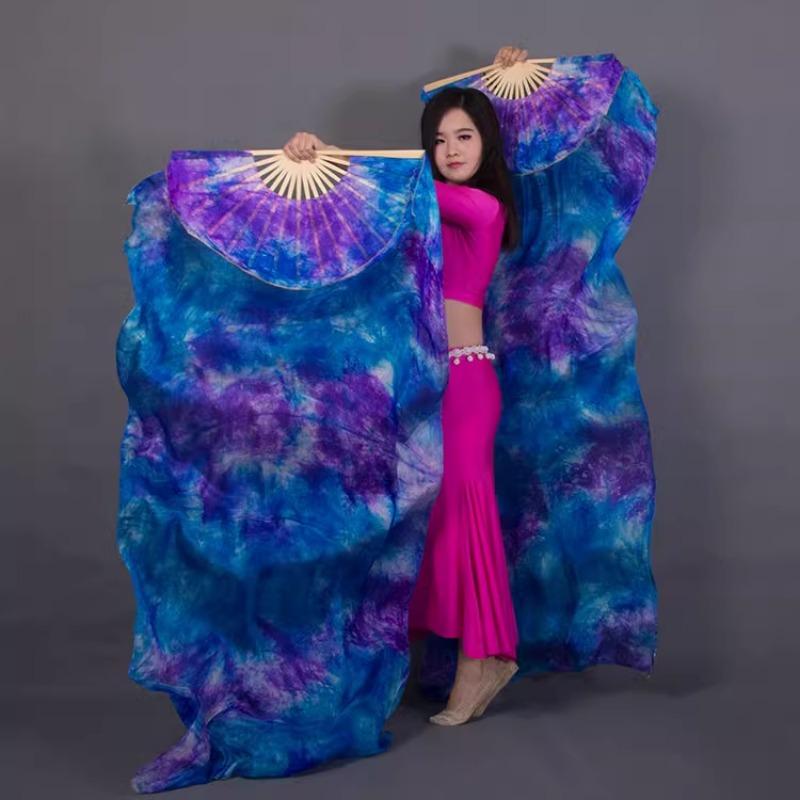 1pair/2pcs Real Silk Belly Dance Veil Fans Bamboo Handmade Tie-dye 150cm/180cm Performance Long Fan BellyDance Fan Veil