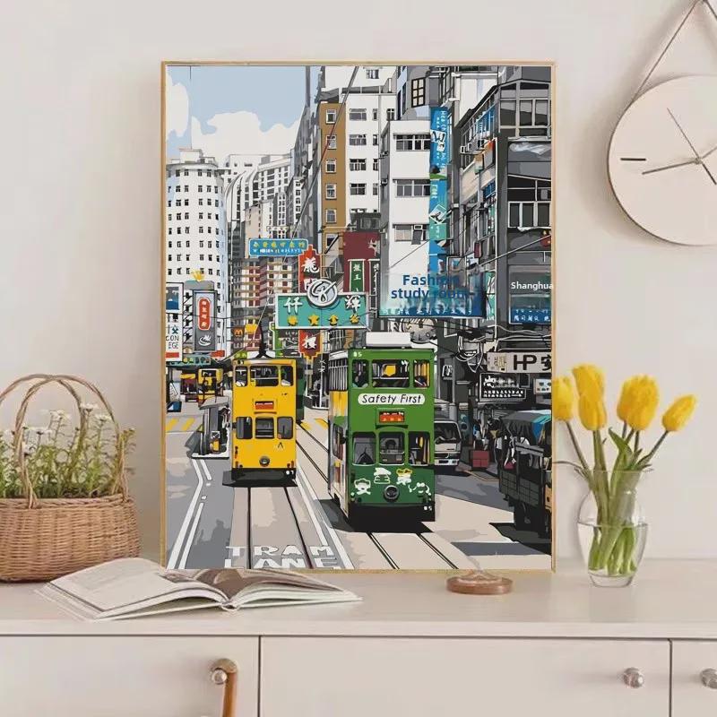 DIY Hong Kong Street Scene Digital Oil Painting - Hand-Painted Landscape for Coloring and Relaxation