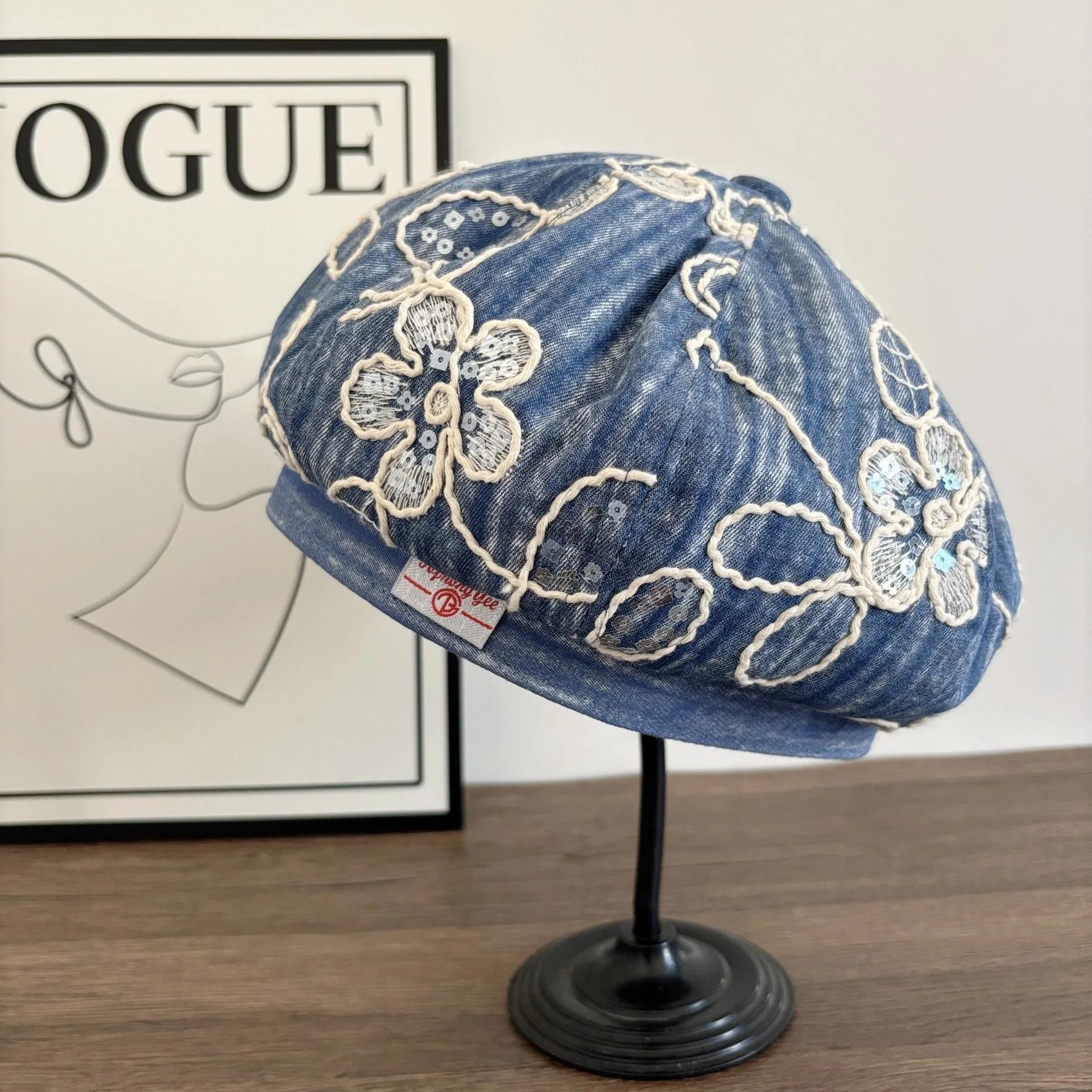 

Spring Summer New Flower Sequined Berets Cap for Women Fashion Literary and Casual Versatile Show Face Small Sweet Painter Hat 56-58CM