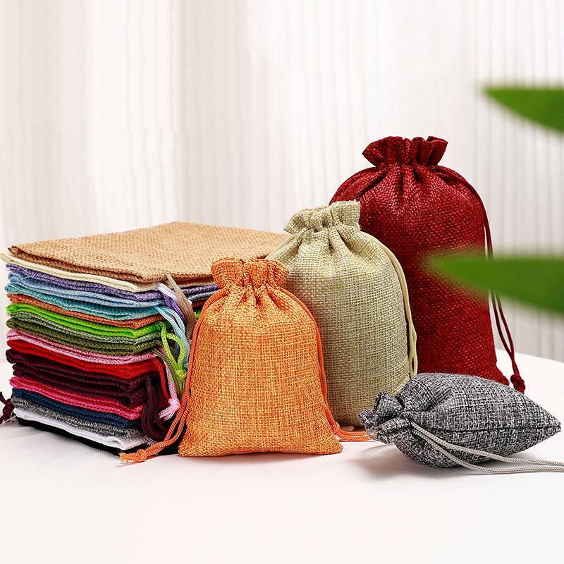 10 Pièces 10X14Cm Sac Cadeau Jute Fait Main Sac Naturel Coton Lin Sac d'Emballage Cadeau Sac de Rangement Bijoux