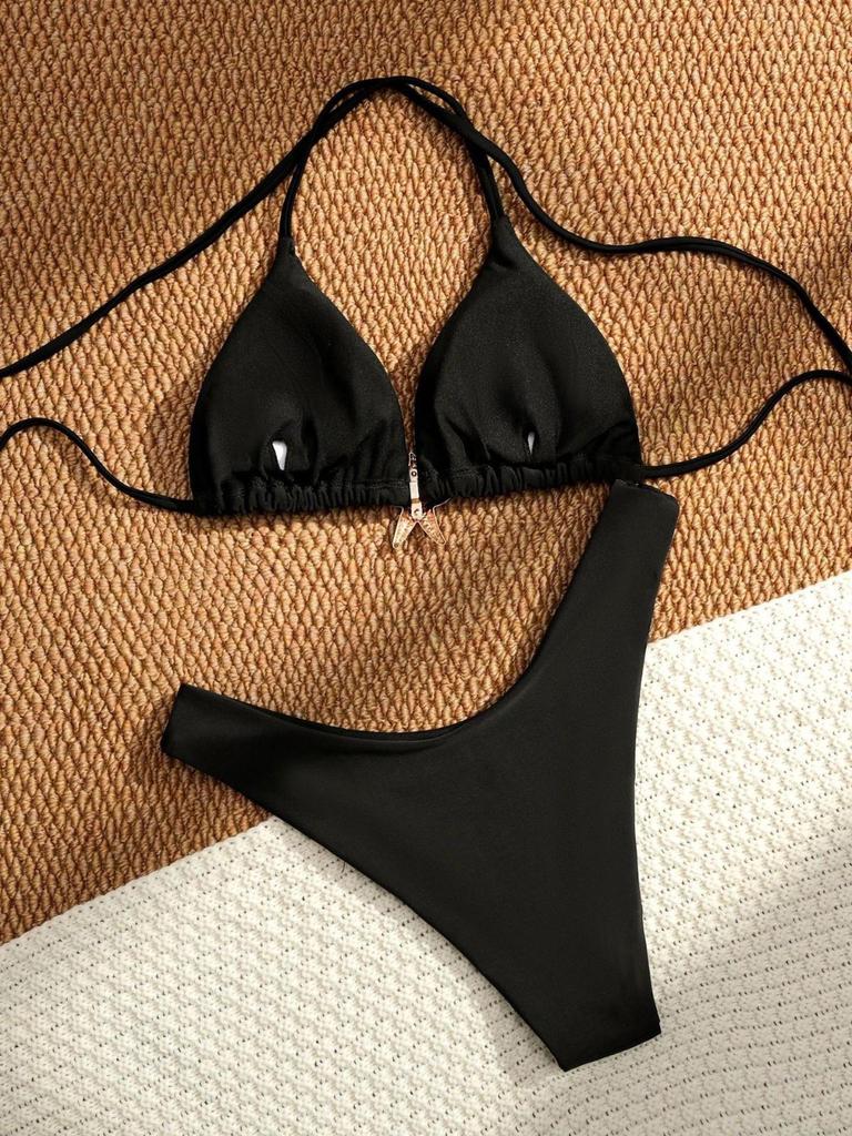 2025 Schwarzes Dreiecks-Bikini für Damen – Sexy Neckholder, Rückenfrei, Binde-Badeanzug, Einfarbig