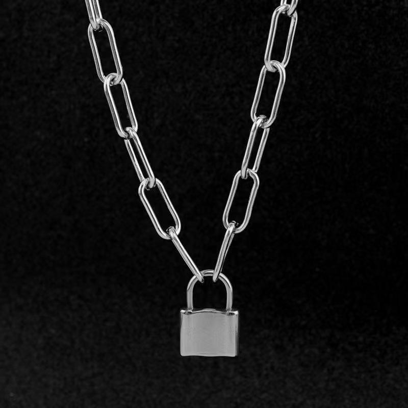 Stainless steel chain necklace with titanium steel lock pendant - hip hop punk style accessory