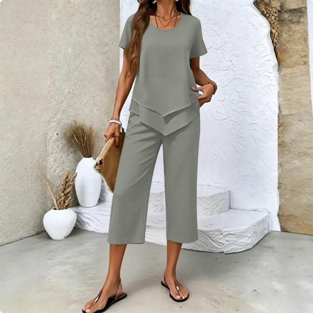 Women's Casual Two Piece Set Short Sleeve Round Neck Top with Layered Hem and Cropped Wide Leg Pants Comfortable Lounge Outfit