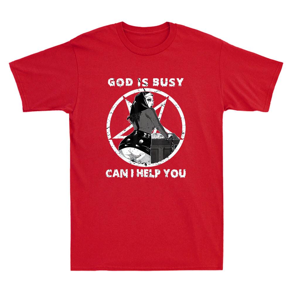 God Is Busy Can I Help You Pentagram Sexy Naughty Nun Meme Retro Unisex Tshirt