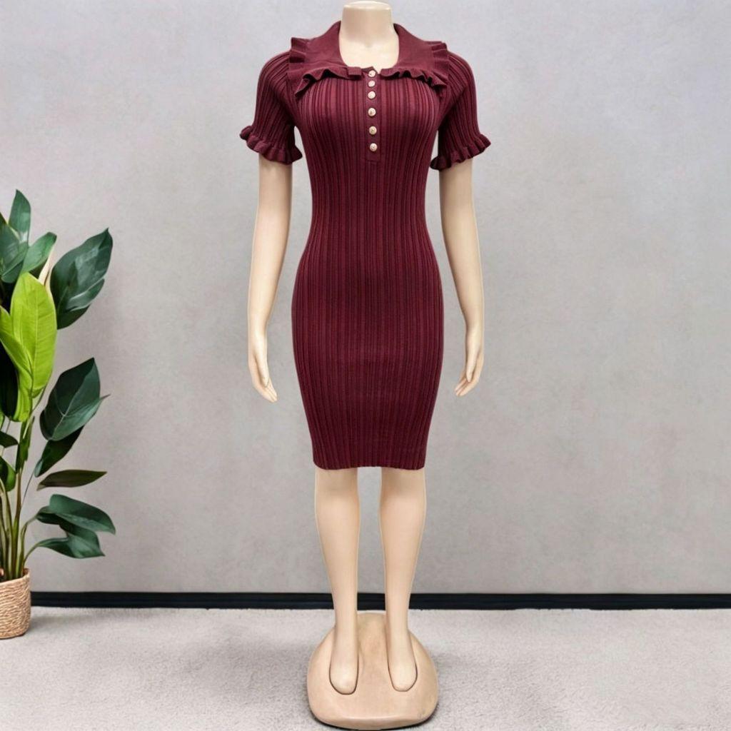 Vintage French Style Knit Dress With Puff Sleeves For Summer Casual Wear