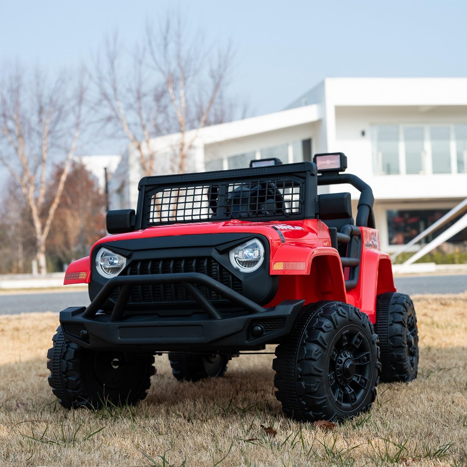 

12V 7AH Детский электромобиль Джип, с родительским пультом управления, пружинной подвеской, светодиодными фарами, Bluetooth, музыкой, красный красный