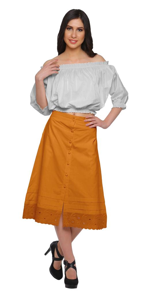 Moomaya Solid Cotton Skirts For Women Button Down A-Line Knee Length Skirts