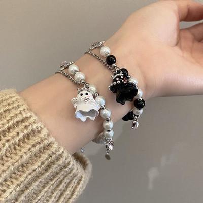 Women Bracelet Cartoon Ghost Pendant Imitation Pearls Color Matching Adjustable with Extended Chain