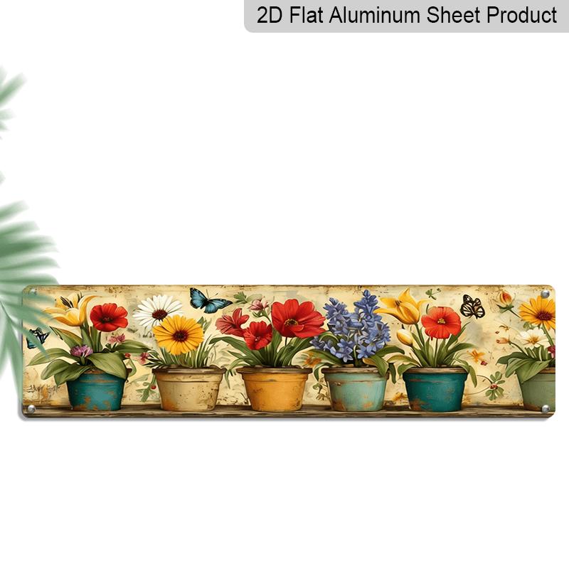

2D Flat, 1pc Vintage Botanical Aluminium Decorative Sign - Blooming Flowers & Butterflies Painting, Wooden Grain Aluminium Panel, 5x16 Inch Flat 40cm x 10cm