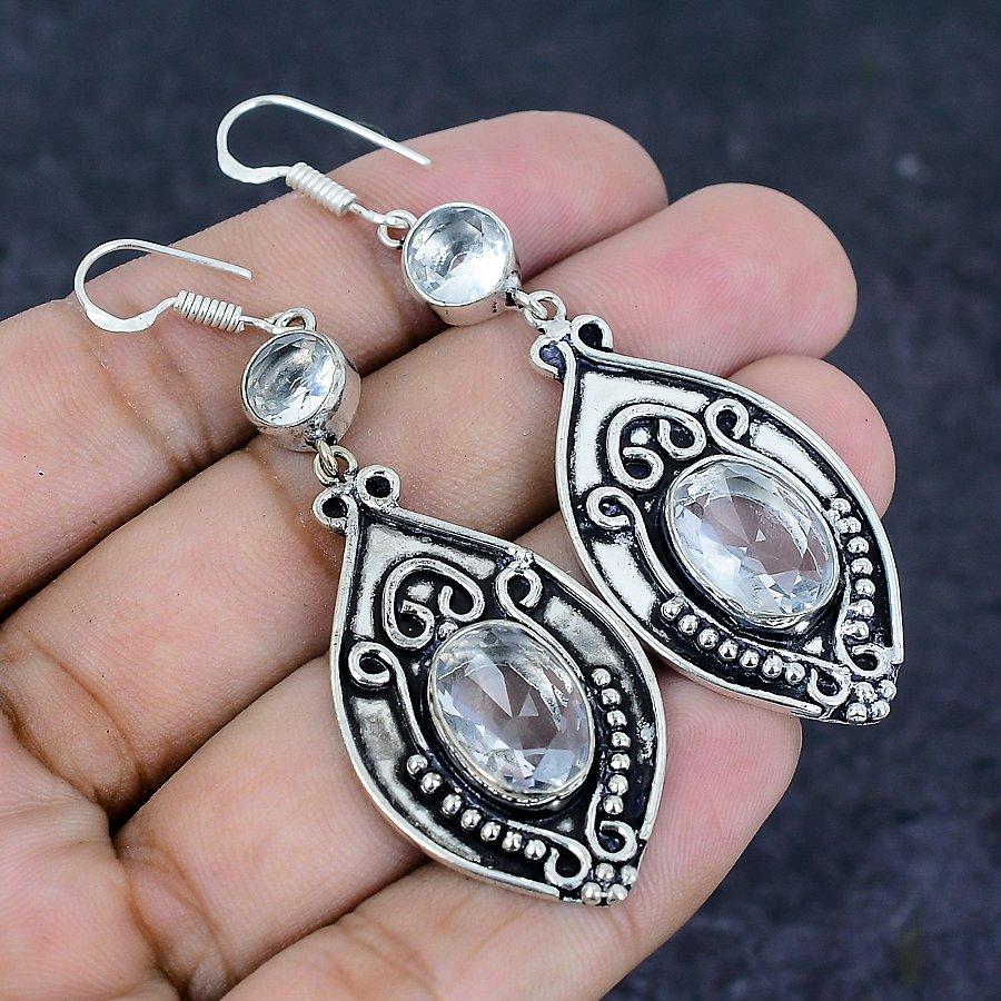 Natural White Topaz Gemstone Handmade 925 Sterling Silver Earring 2.76" R4a31