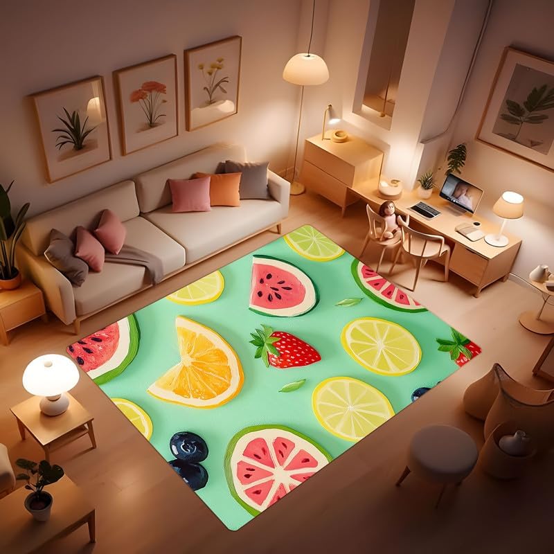 Simple Modern Watercolor Print Lemon Tree Rug, Indoor Comfortable Soft Breathable Rug, Pet Friendly Non-Slip for Kitchen Porch