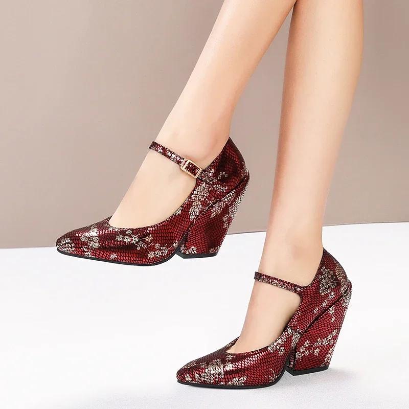 

2024 Summer Fashion Printed Metal Buckle Designer Women s Shoes Sexy Pointed Toe Party Dress Woman High Heels mary jane shoes 34