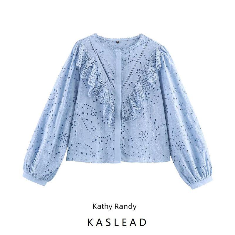 Kaslead New Women Clothes Western Style Fashion Simple and Versatile Hollow Embroidery Shirts 8741231