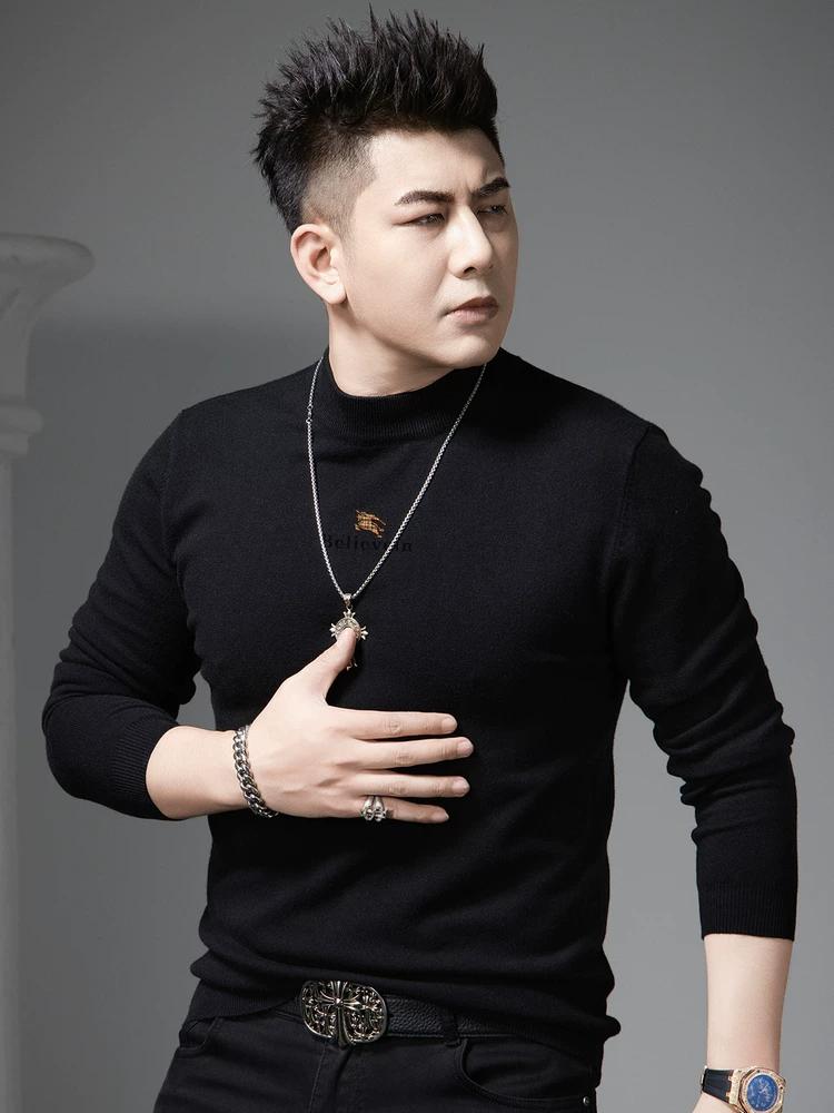 European-Style Half-Turtleneck Sweater for Men, Autumn Trendy Brand Printed Base Shirt, 2025 New Model, High-End Men's Knitwear