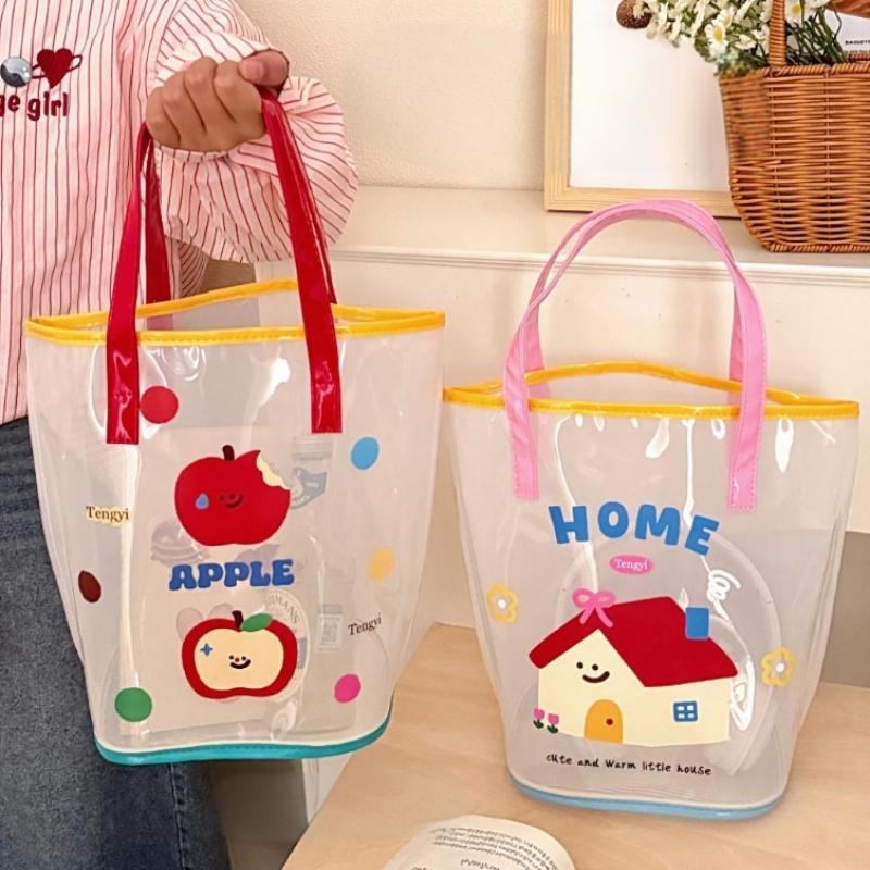 Jelly Beach Bag Waterproof Kawaii Print Pvc Storage Bag Transparent Travel Handbag Shoulder Bag Shopping Bag With Cute Pendant