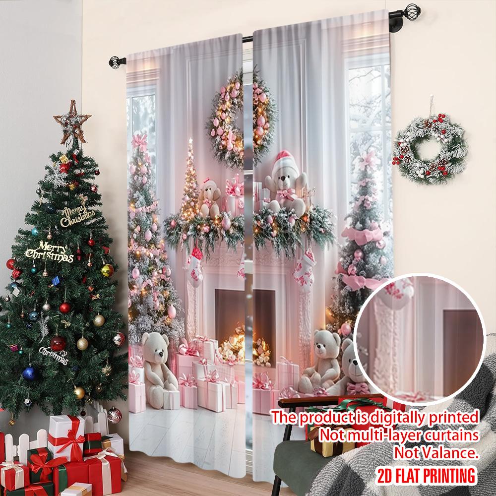 2pcs 2D flat printing Merry Christmas Popular Curtains Pink fireplace Versatile Fabric Without Electricity Party Decorations Use