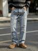 American street hip hop men's clothing graffiti letter printing ripped jeans men's loose straight trendy wide-leg trousers