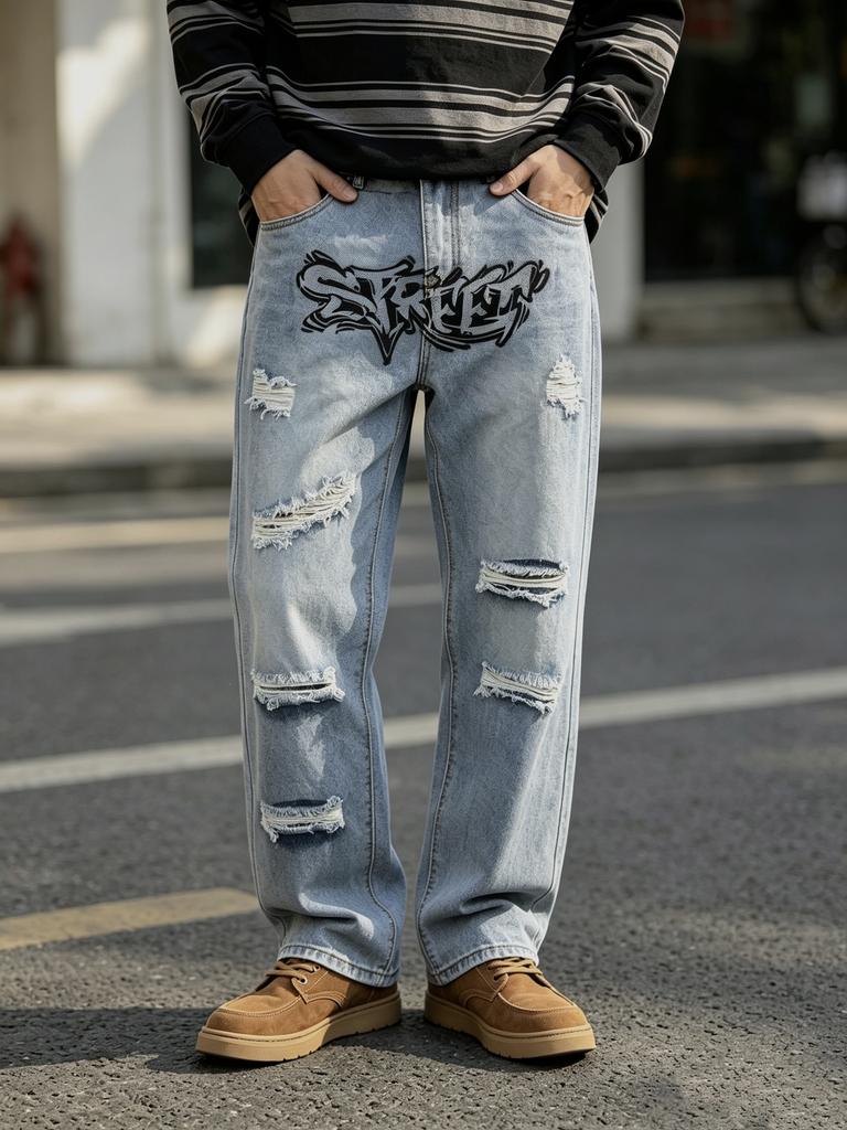 American street hip hop men's clothing graffiti letter printing ripped jeans men's loose straight trendy wide-leg trousers