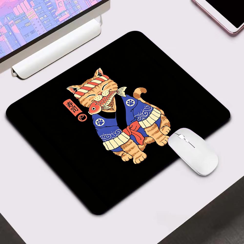 Japan Samurai Cat Mouse Pad 18X22 Small Laptop Computer Office Table Mats PC Gaming Esports MousePad HD Non-Slip Rubber Desk Mat