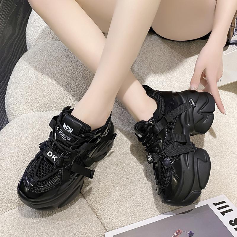 White Chunky Sneakers Women New Autumn Hidden Heel Platform Sports Dad Shoes Woman Lace Up Breathable Mesh Casual Shoes 8CM