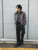 Pokeopeiseu Herringbone Belted Straight Flare Trousers Black