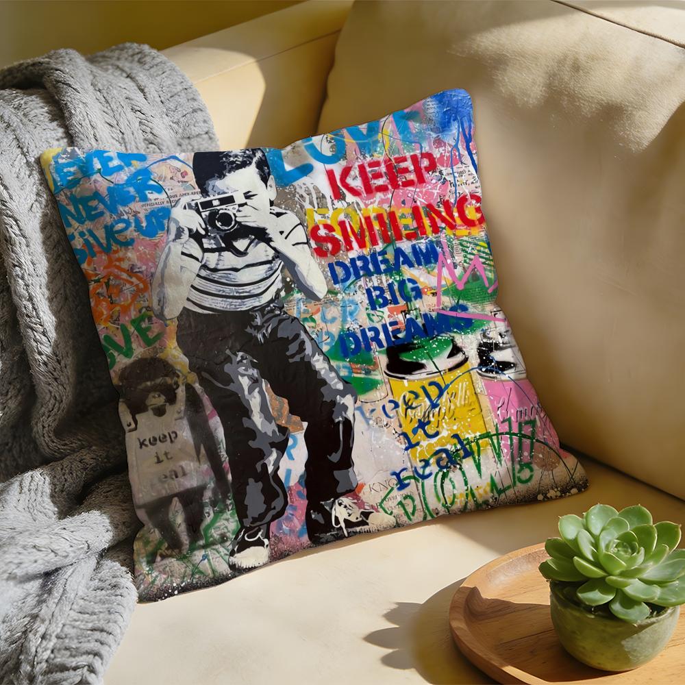 Cushion Cover Washed Linen Soft Breathable Decorative Case for Sofa Home Pillow Cover Banksy Street Graffiti Art