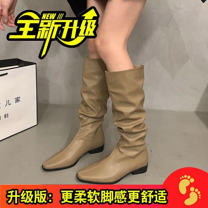 Thick heel pleated long tube knight boots women's shoes 2025 new spring and autumn western thin medium tube long boots