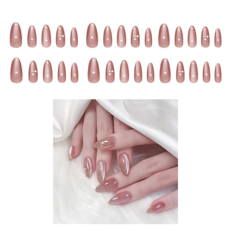 24 Pcs Glossy Full Cover Stick On Nail Almond Shape False Nail Simple Press On Nail Rhinestones Artificial Nail