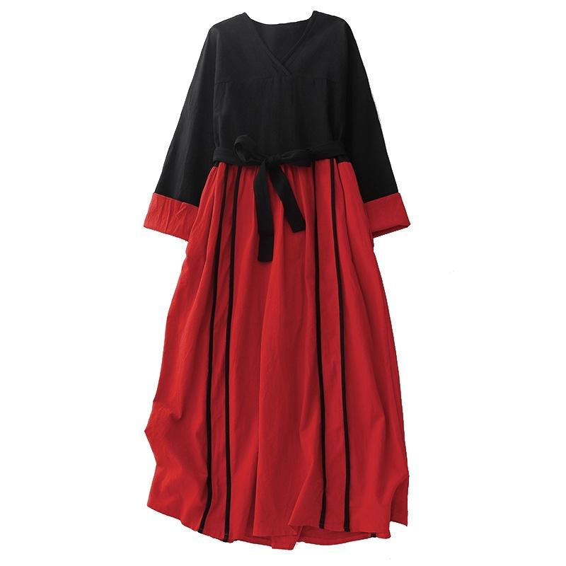 Solid Color Cotton and Linen Fan Dress Women's 2025 Spring New Lace-up Waist Long-sleeved Ethnic Temperament Long Skirt