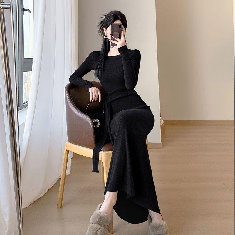

Women s Elegant Slimming Long Skirt Dress with Round Neck and Lace-Up Long Sleeves for Autumn/Winter Extra Large чёрный