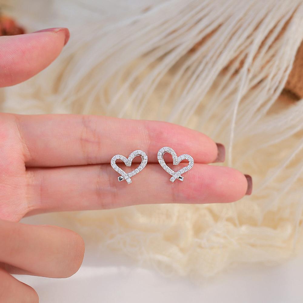 Huitan Fancy Small Heart Stud Earrings with Crystal CZ for Women Silver Color Hollow Out Love Earrings Fashion Jewelry Nice Gift