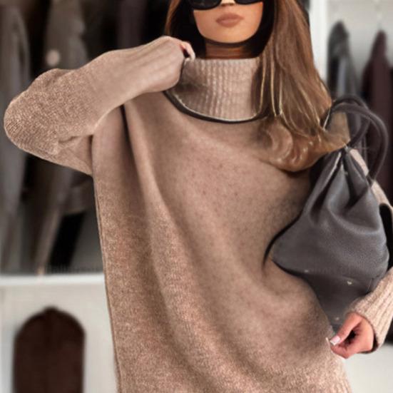 Women Sweater High Collar Long Sleeve Ribbed Trim Knitted Tops Solid Color Loose Fit Autumn Winter Casual Sweater