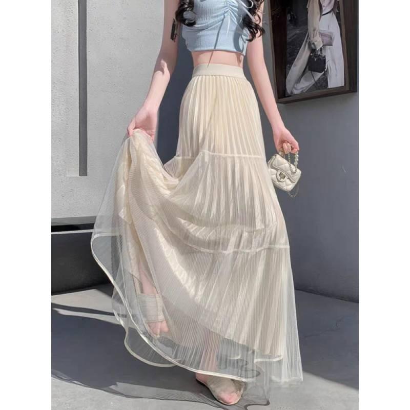 Gonna Lunga in Rete di Misto Cotone con Pieghe per l'Estate Casual da Donna
