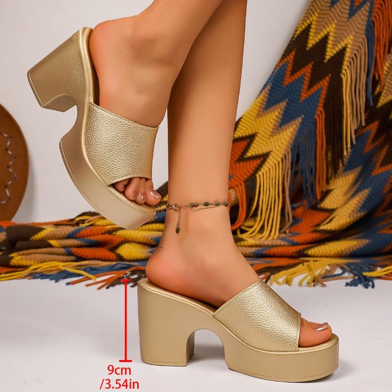 High-heeled Flip-flops Summer New Round Toe Open-toe Platform Non-slip Wear-resistant Block Heel Shoes